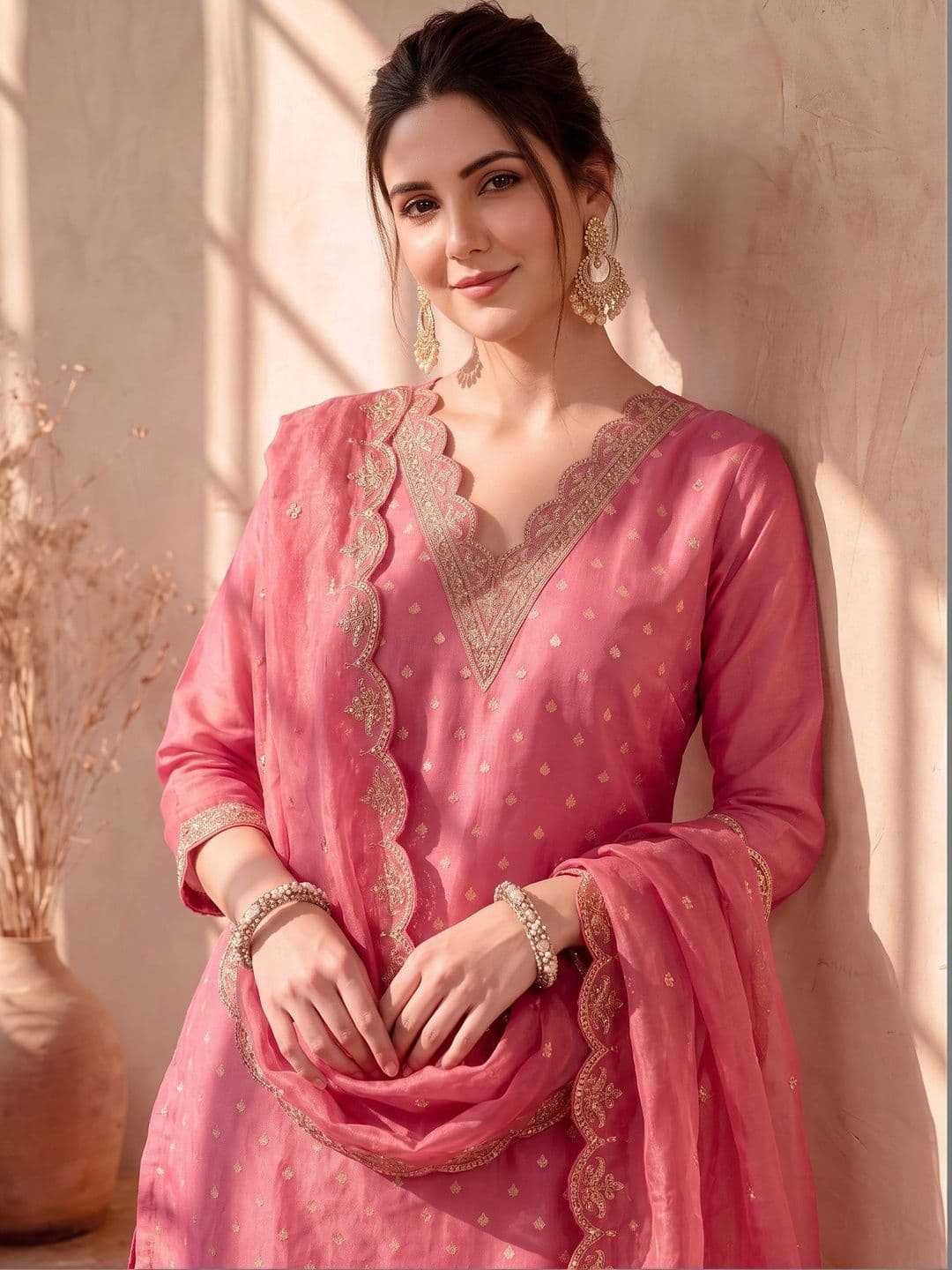 AVANSHEE Women Ethnic Motifs Embroidered Regular Chanderi Cotton Kurta with Trousers & With Dupatta - view 1