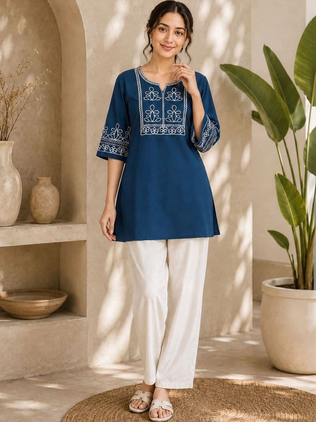 TRAHIMAM Women Ethnic Motifs Embroidered Regular Thread Work Kurti with Trousers - view 1
