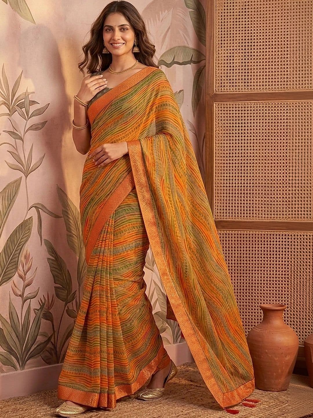 Sangria Striped Pure Chiffon Saree - view 1