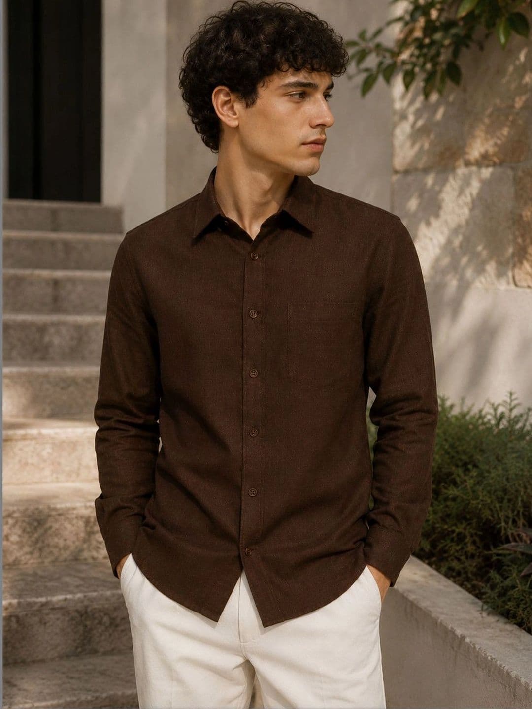 FRANKSHIRT Men's Brown Textured Linen Shirt Full Sleeve Casual Regular Fit Shirt - view 1