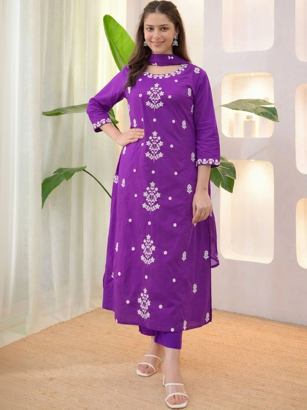 HERE&NOW Women Ethnic Motifs Embroidered Regular Thread Work Kurta with Trousers & With Dupatta - view 1