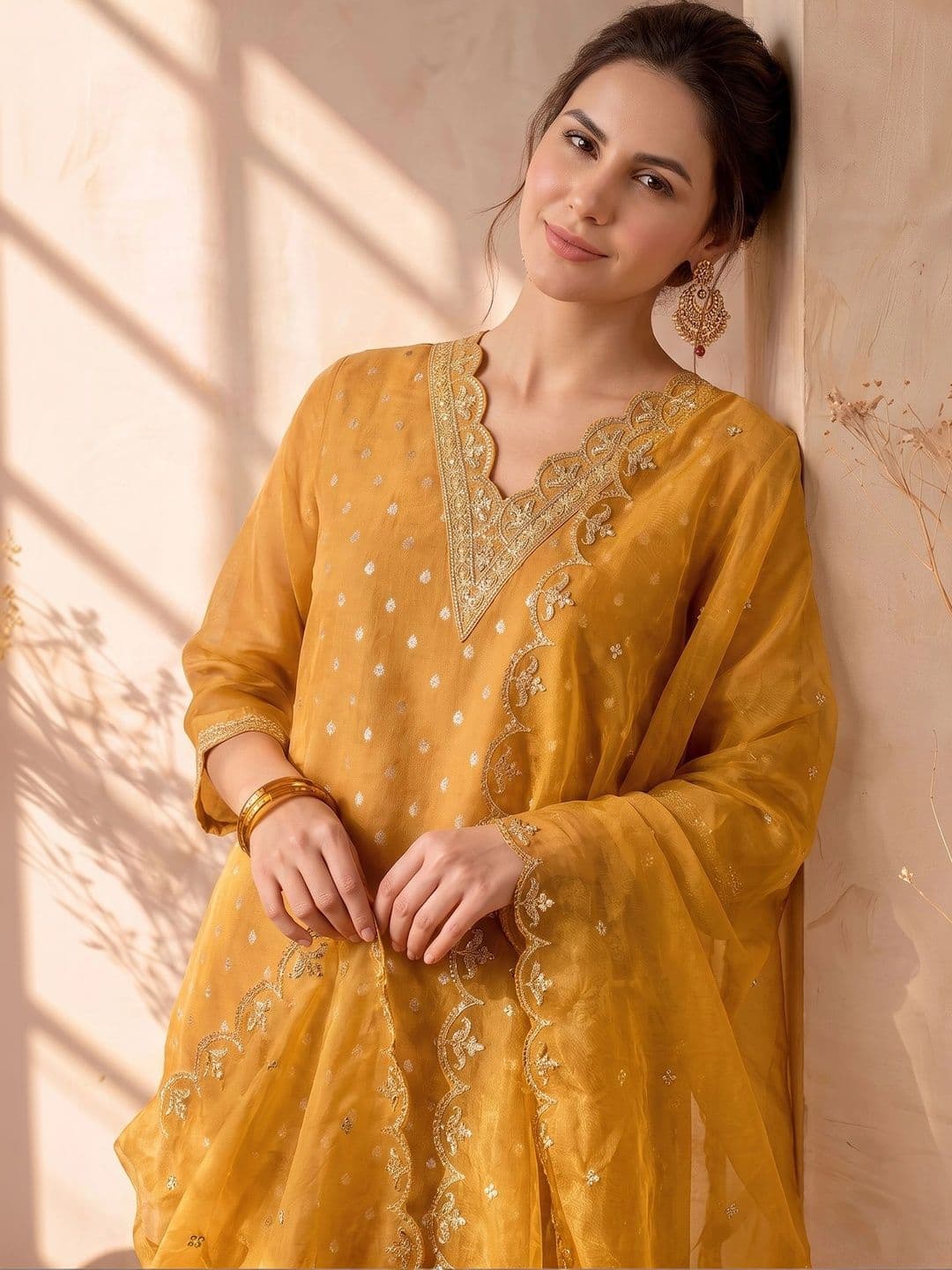 AVANSHEE Women Ethnic Motifs Embroidered Regular Chanderi Cotton Kurta with Trousers & With Dupatta - view 1