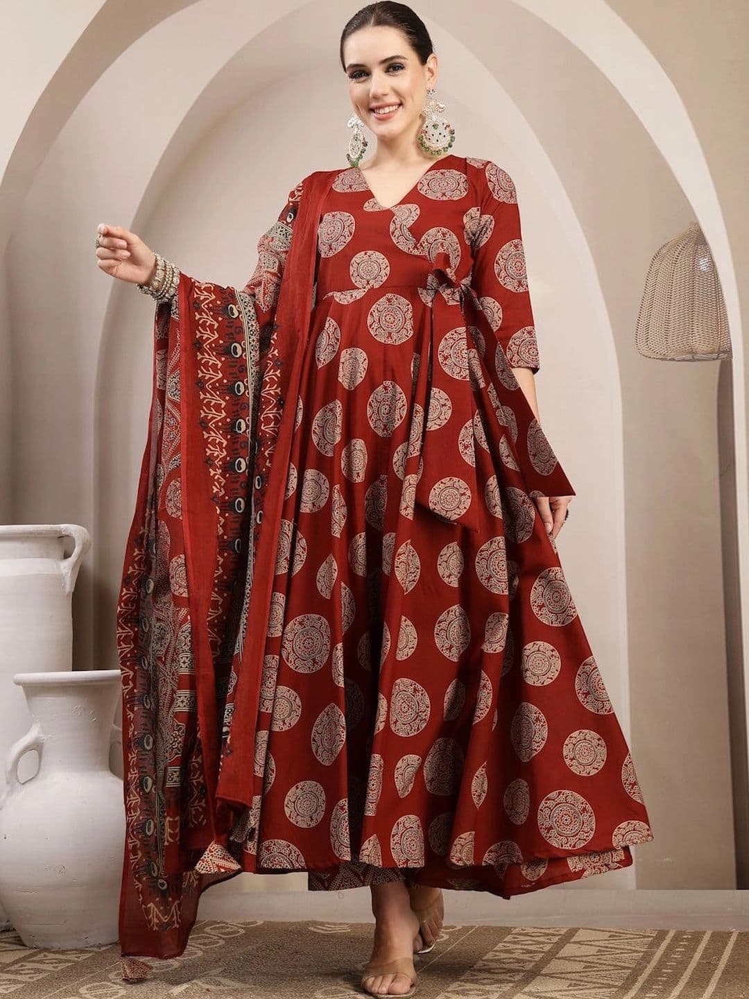 Sangria Women Ethnic Motifs Printed Angrakha Pure Cotton Kurta with Trousers & With Dupatta - view 1