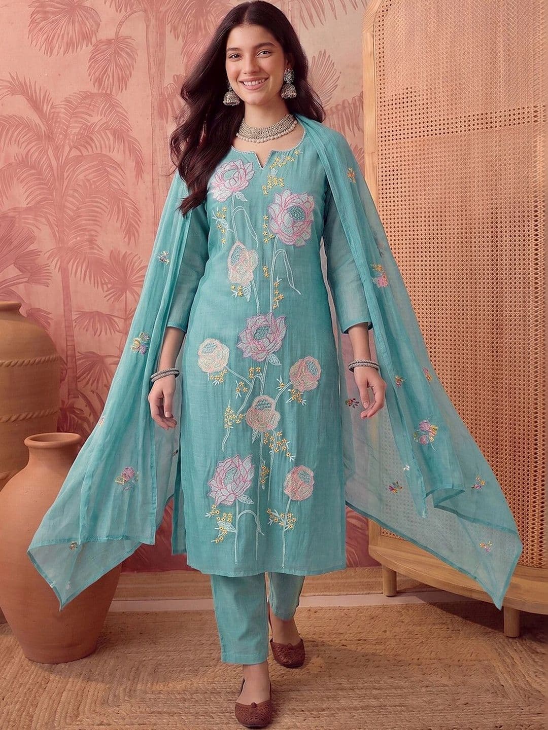Sangria Women Floral Embroidered Regular Thread Work Kurta with Trousers & With Dupatta - view 1
