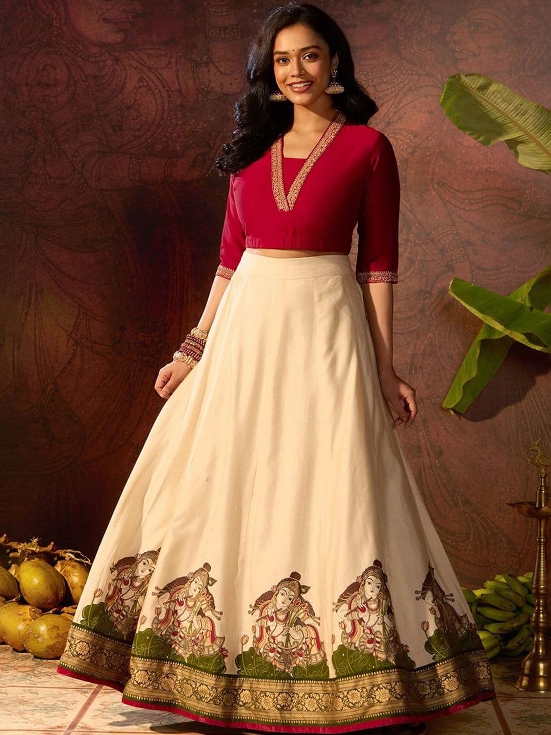 Maybell Women's Raw silk Embroidered V-Neck Onam Theme Top with Skirt Set - view 1
