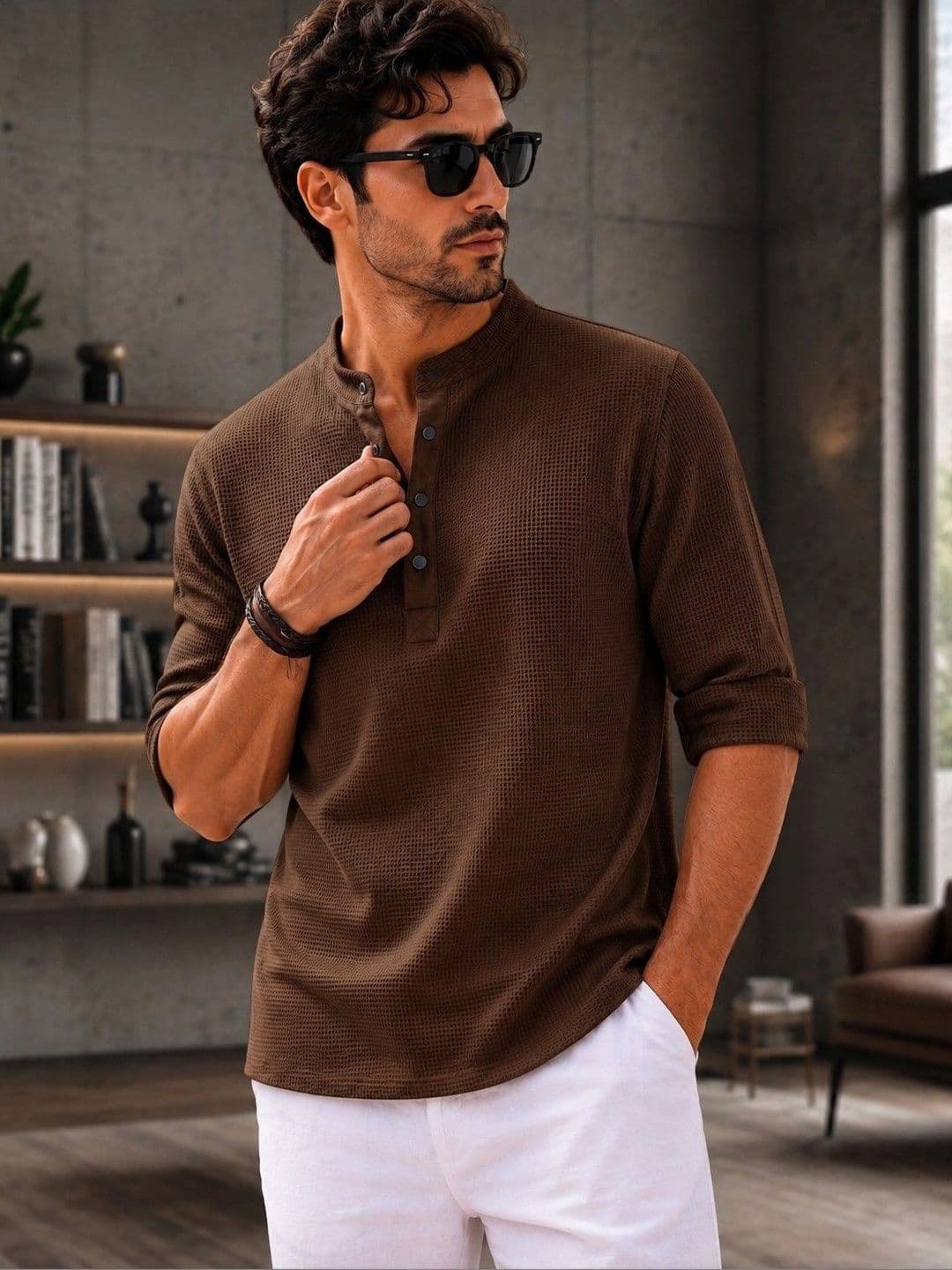 RUFICA Men Mandarin Collar Roll-Up Sleeves T-shirt - view 1