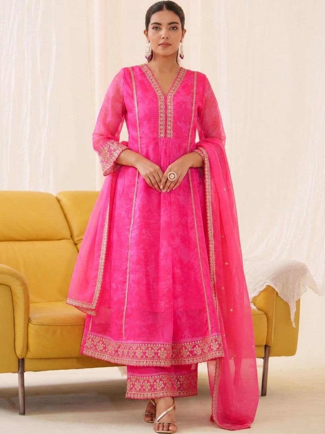 House of Pataudi Women Ethnic Motifs Angrakha Gotta Patti Kurta with Palazzos & With Dupatta - view 1