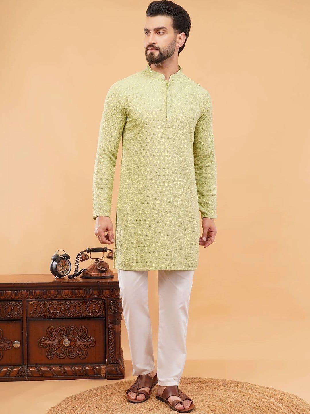 Kaashi Couture Men Embellished Mirror Work Kurta - view 1