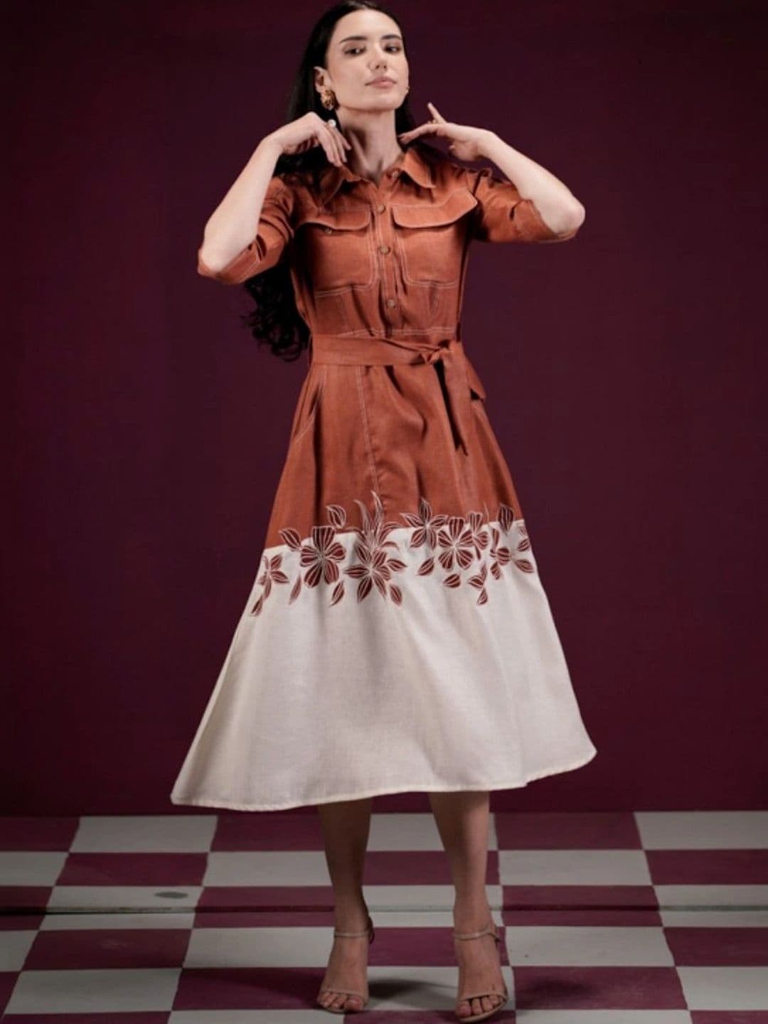 HERE&NOW Self Design Shirt Collar Fit and Flare Ethnic Dresses - view 1