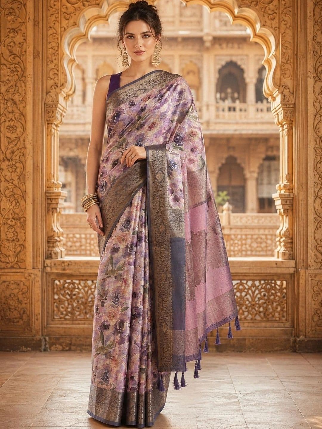 Mitera Floral Zari Silk Cotton Handloom Kanjeevaram Saree - view 1
