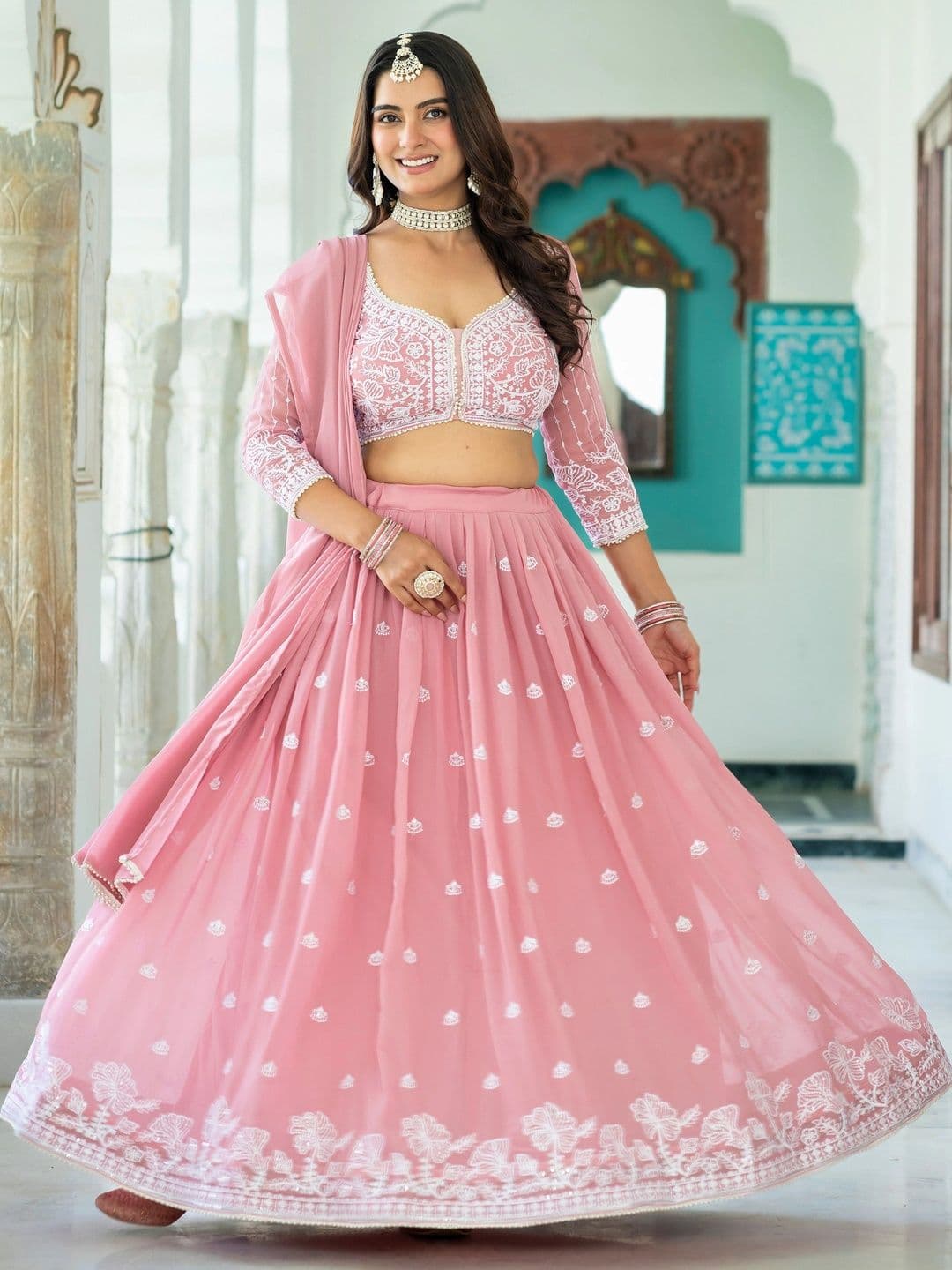 IVARIS Embroidered Thread Work Semi-Stitched Lehenga & Unstitched Blouse With Dupatta - view 1
