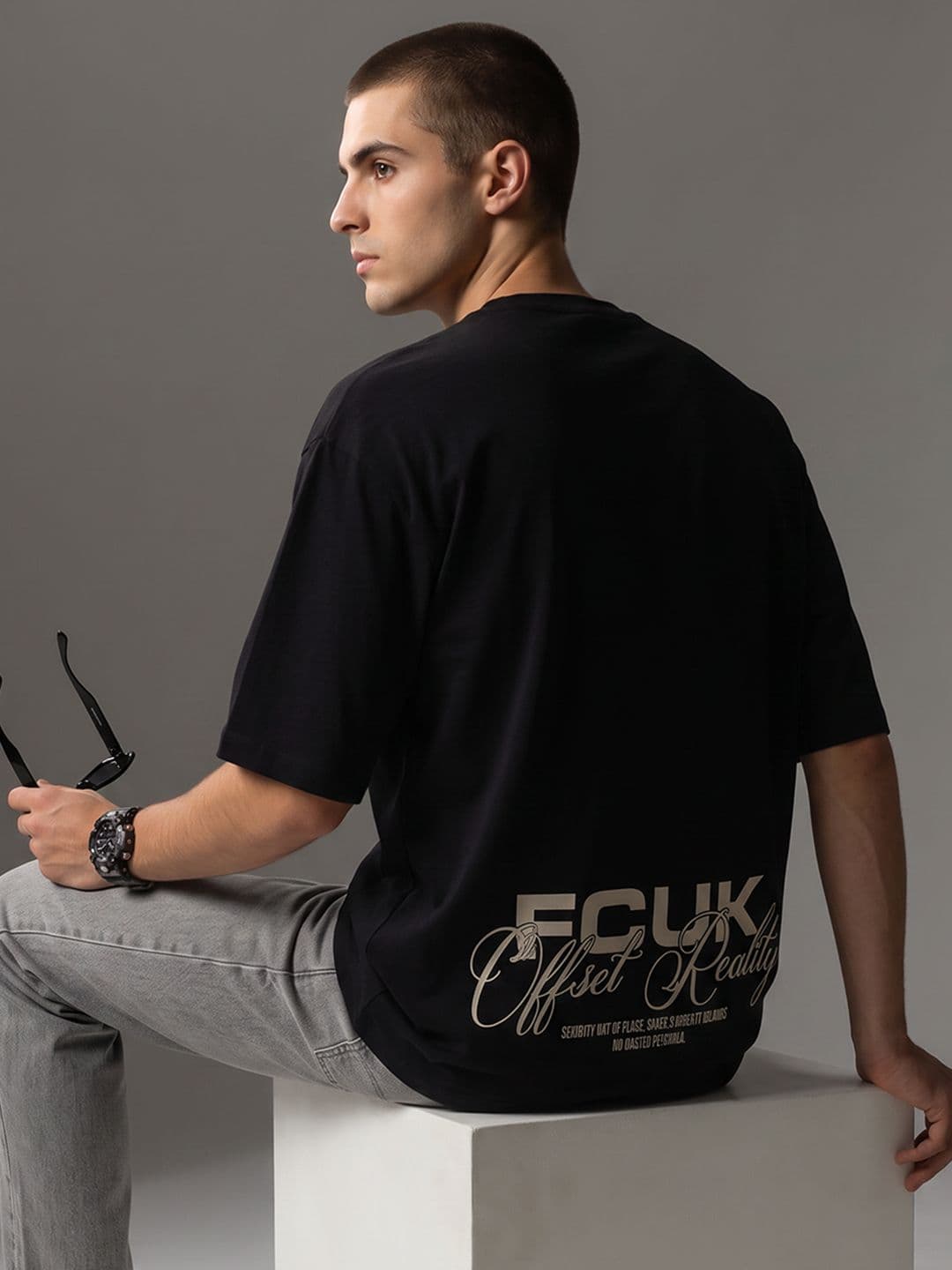 FCUK Oversized Typography Applique Pure Cotton T-Shirt - view 1