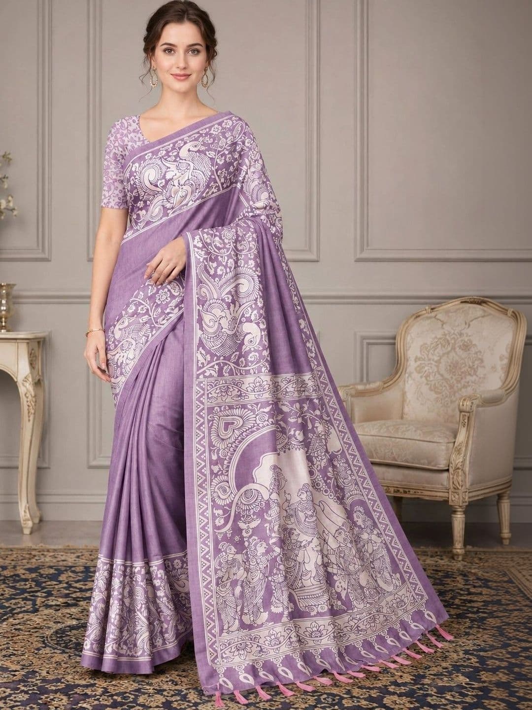 House of Pataudi Kalamkari Silk Blend Fusion Saree - view 1