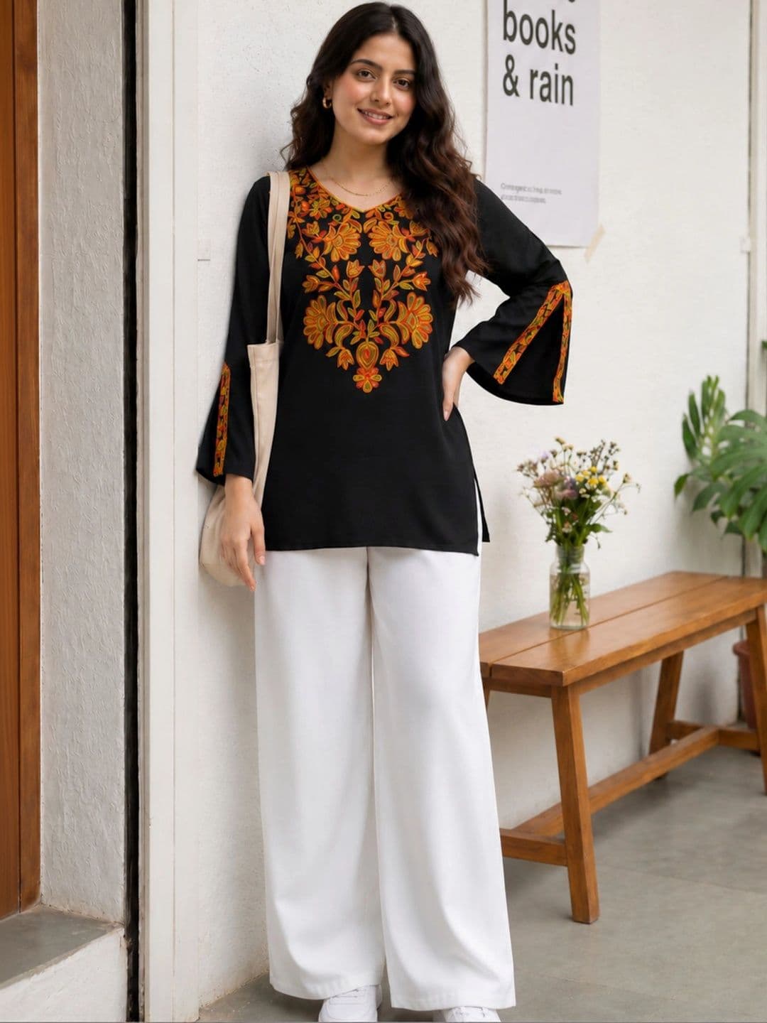 Youthnic Floral Embroidered V-Neck Flared Sleeves Thread Work Thread Work Kurti - view 1
