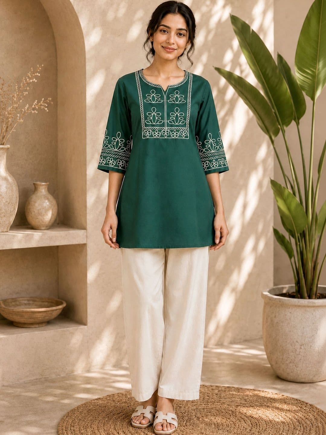 TRAHIMAM Women Ethnic Motifs Embroidered Regular Thread Work Kurti with Palazzos - view 1