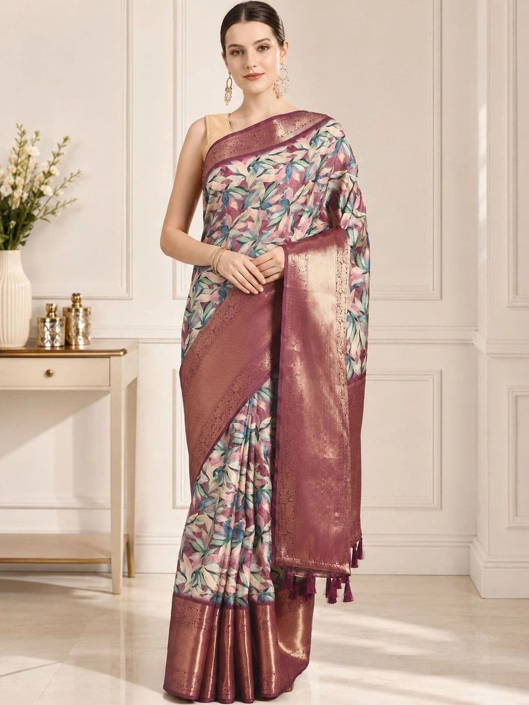 Mitera Floral Zari Silk Cotton Designer Kanjeevaram Saree - view 1