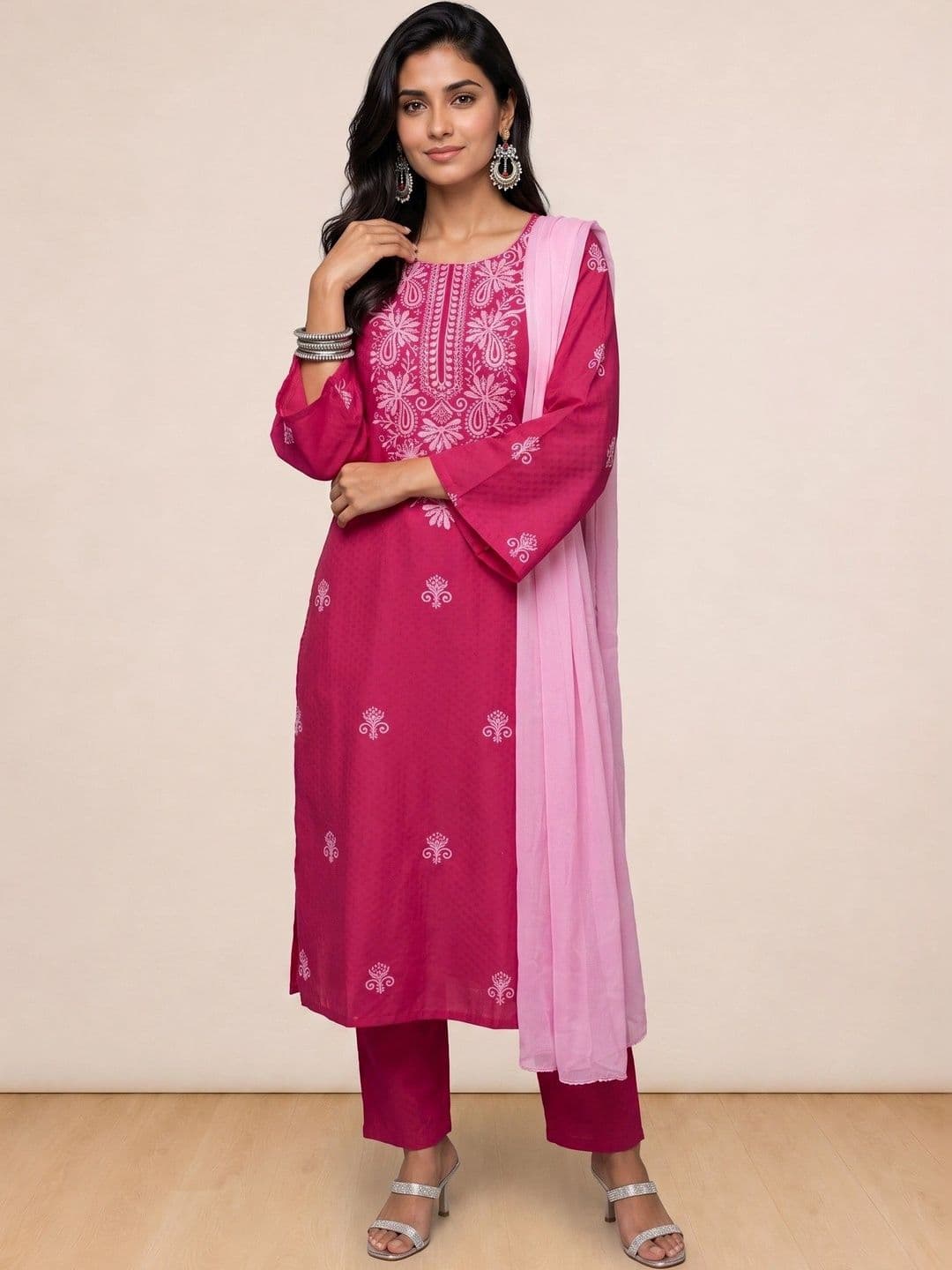 Sangria Women's Cotton Embroidered Round Neck Flared Sleeves Kurta with Trouser & Dupatta - view 1