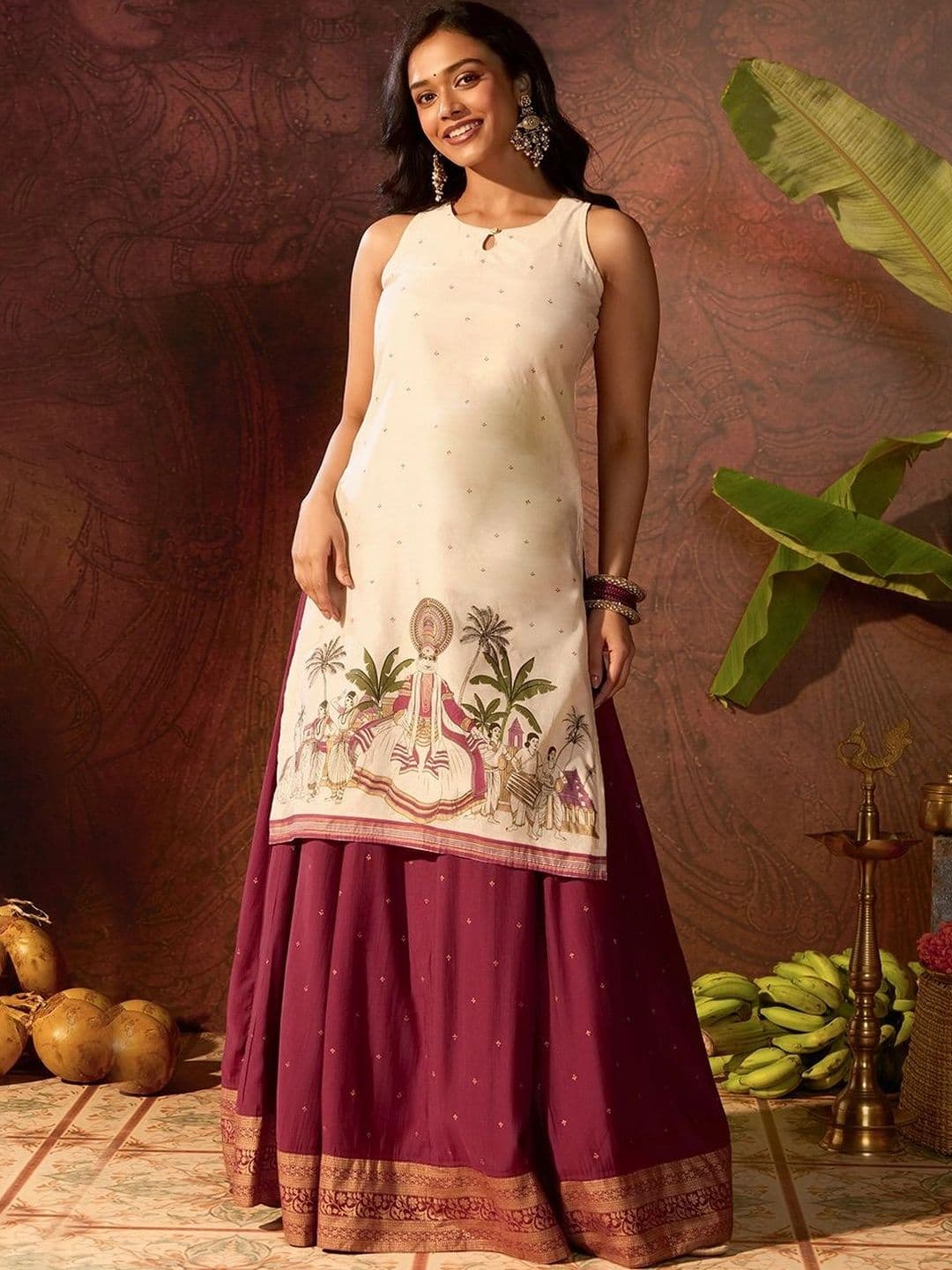 Maybell Women's Silk Blend Printed Round Neck Onam Theme Top with Skirt Set - view 1