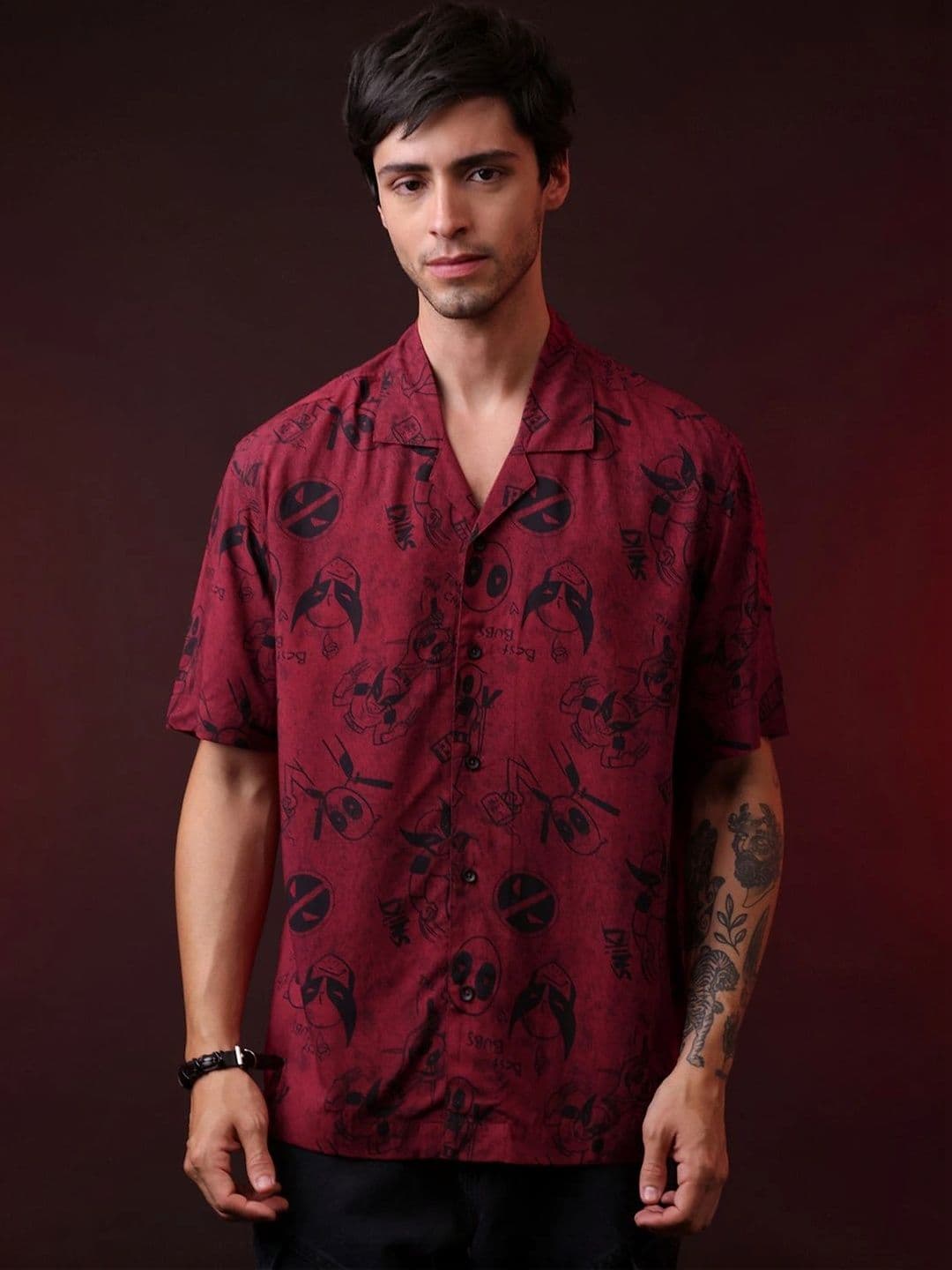 Free Authority Men Modern Cuban Collar Deadpool Graphic Printed Casual Shirt - view 1