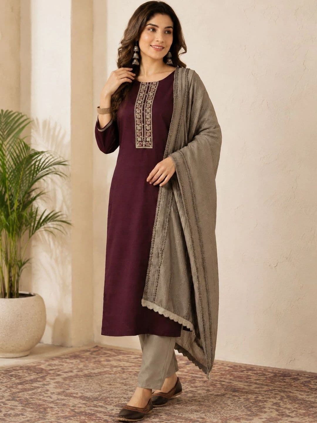 Anouk Women Ethnic Motifs Embroidered Regular Thread Work Kurta with Trousers & With Dupatta - view 1