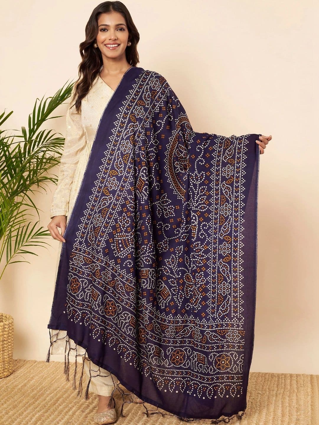 AKSHADEEP Printed Viscose Rayon Bandhani Dupatta with Thread Work - view 1