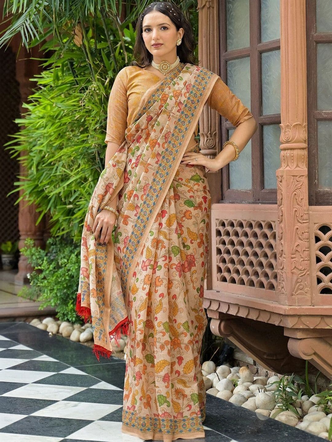 Satrani Kalamkari Linen Blend Fusion Saree - view 1