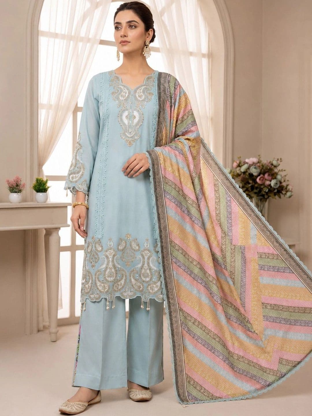 Apolyte Women Ethnic Motifs Embroidered Regular Thread Work Kurta with Palazzos & With Dupatta - view 1