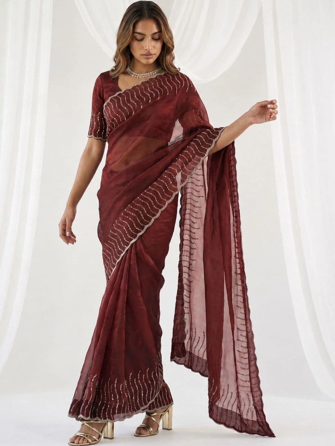 shreevali creation Embellished Beads and Stones Pure Chiffon Saree - view 1