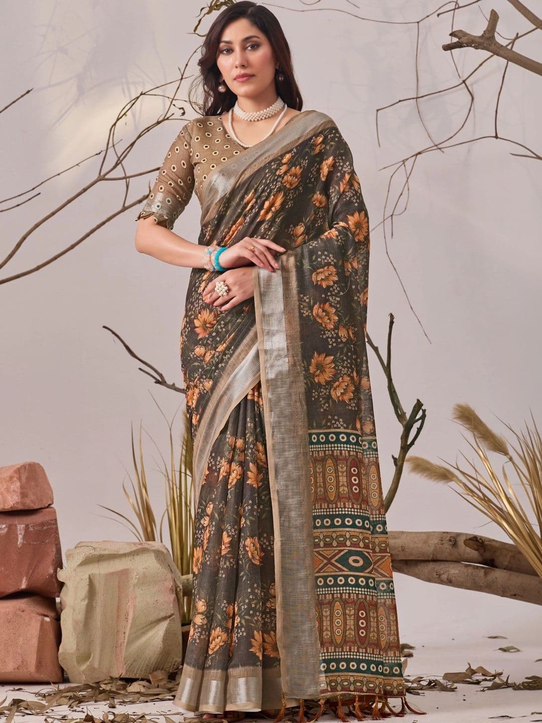 Panzora Floral Linen Blend Designer Saree - view 1