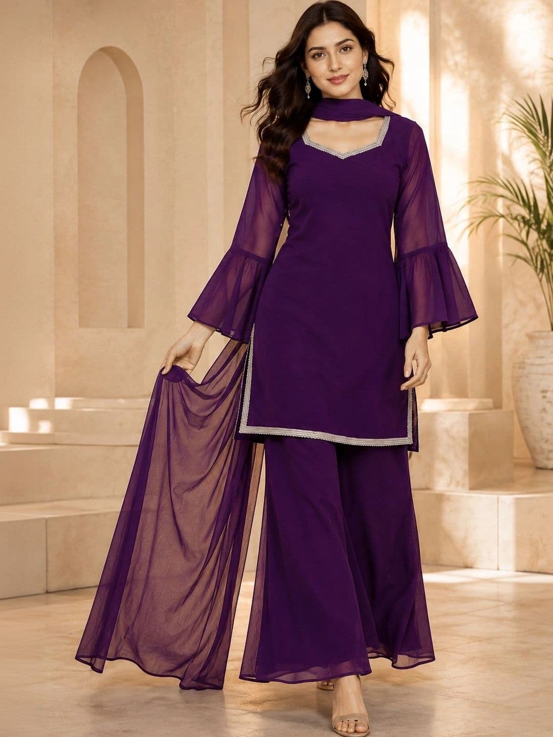 HERE&NOW Women Georgette Regular Kurta with Palazzos & Dupatta - view 1