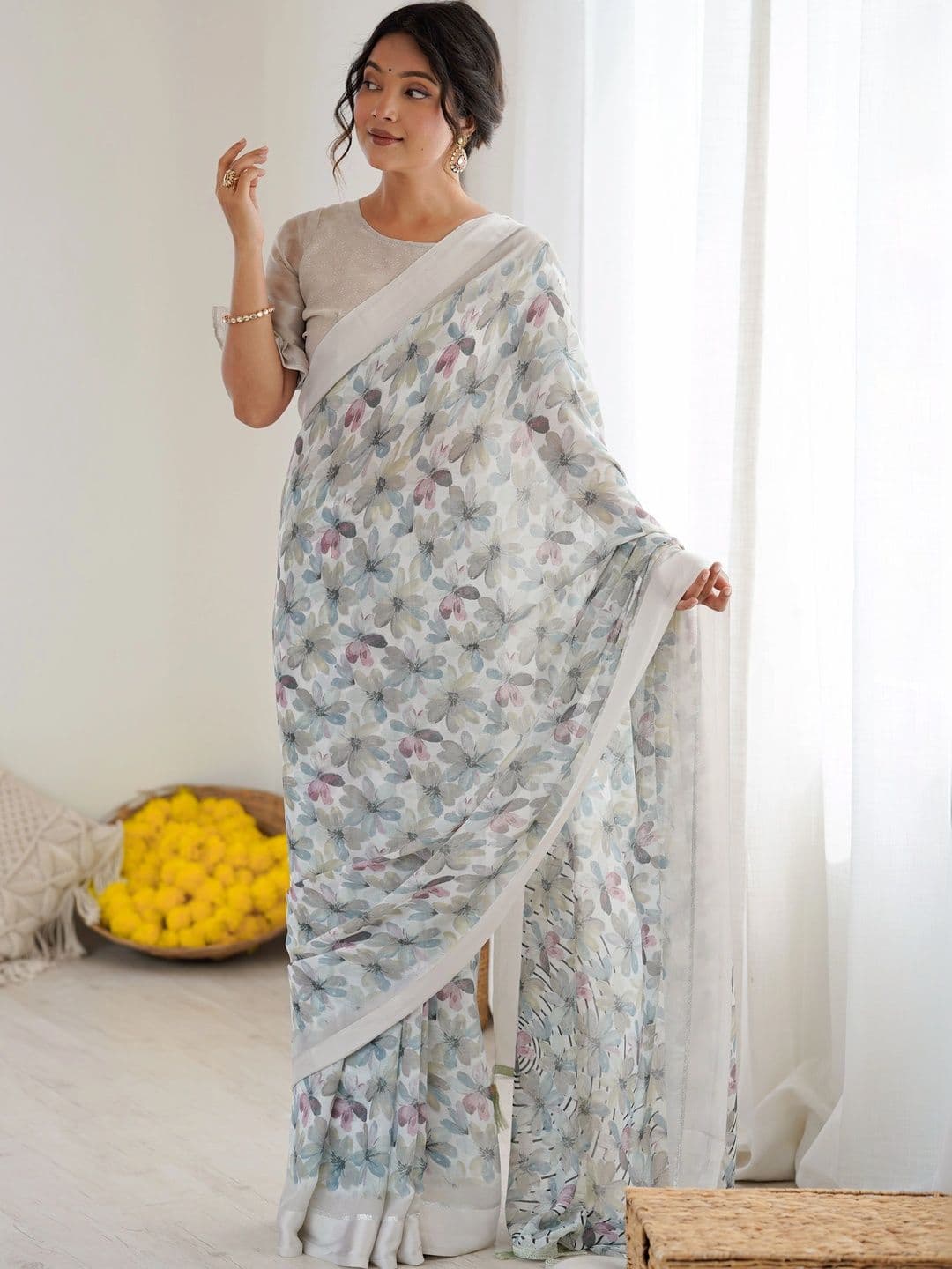 Meet Trendz Floral Satin Saree - view 1