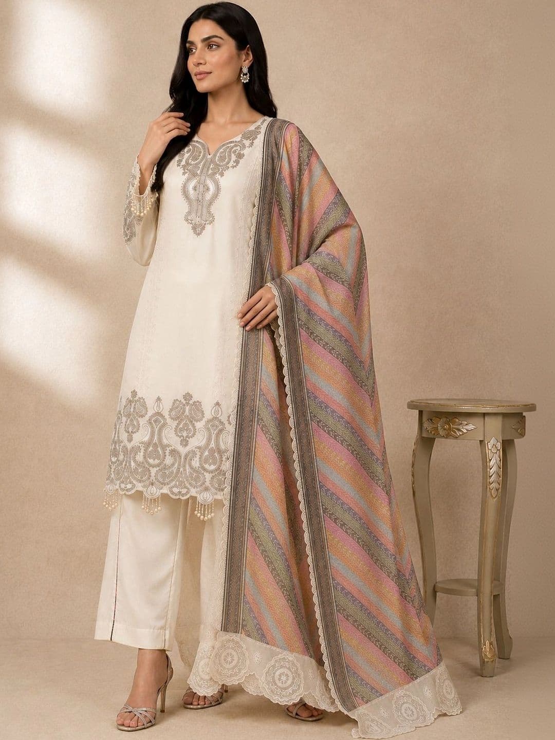 Apolyte Women Ethnic Motifs Embroidered Regular Thread Work Kurta with Trousers & With Dupatta - view 1