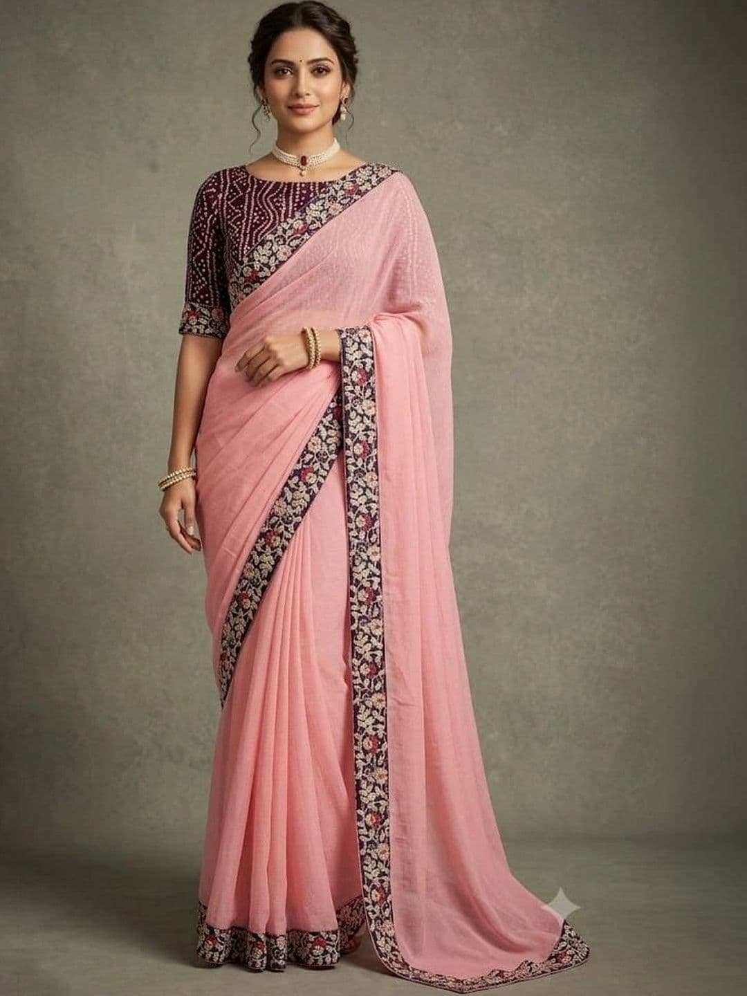 tathastufab Floral Embroidered Poly Chiffon Designer Saree - view 1