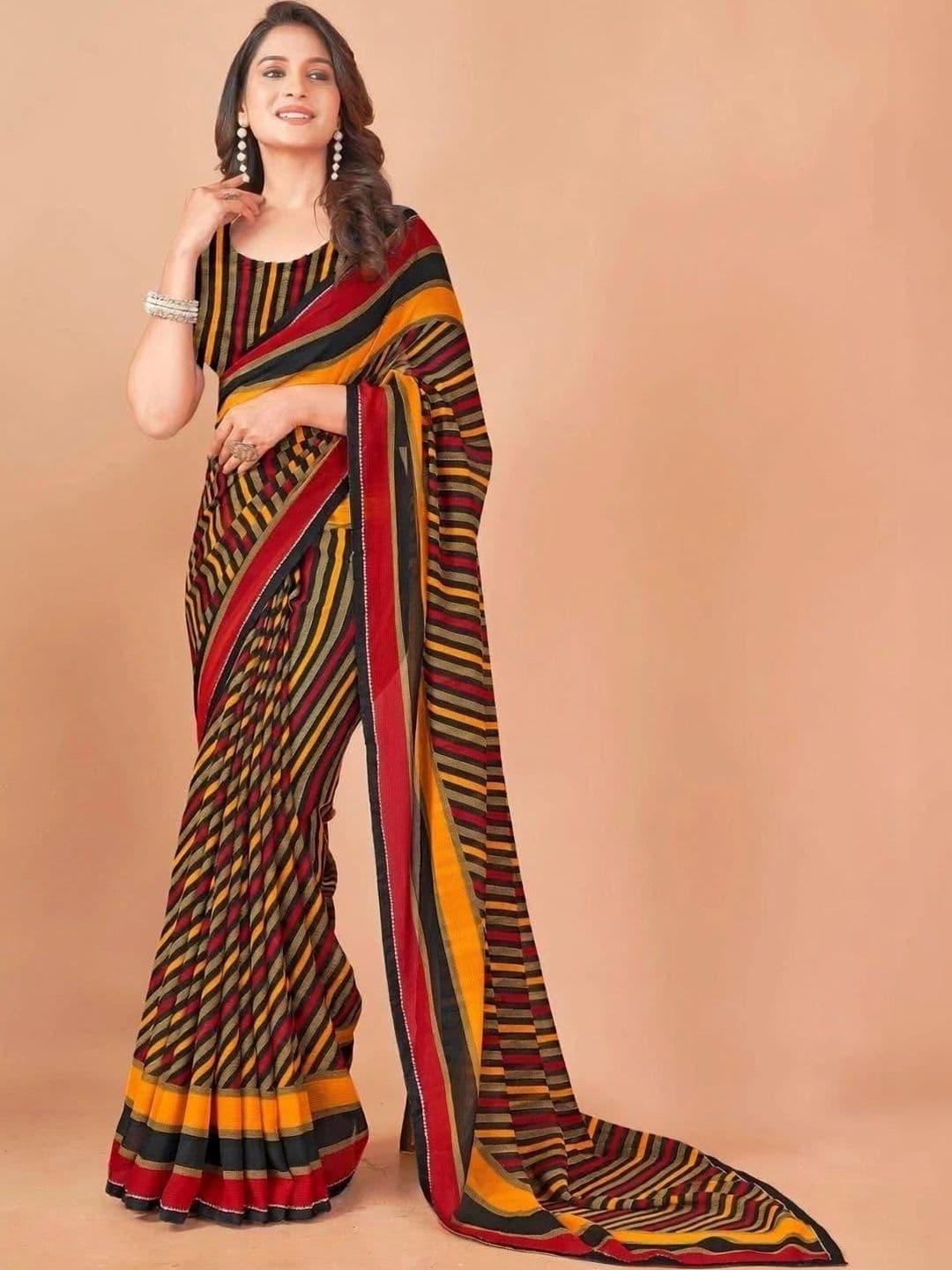 NANDITA DESIGNER Striped Pure Chiffon Bandhani Saree - view 1