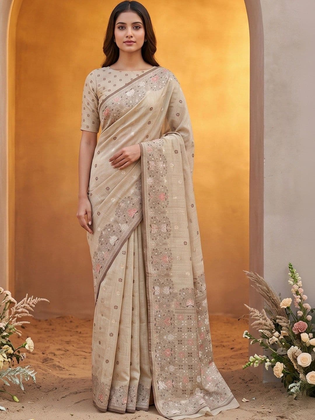 R K MANIYAR Woven Design Embroidered Pure Cotton Designer Saree - view 1