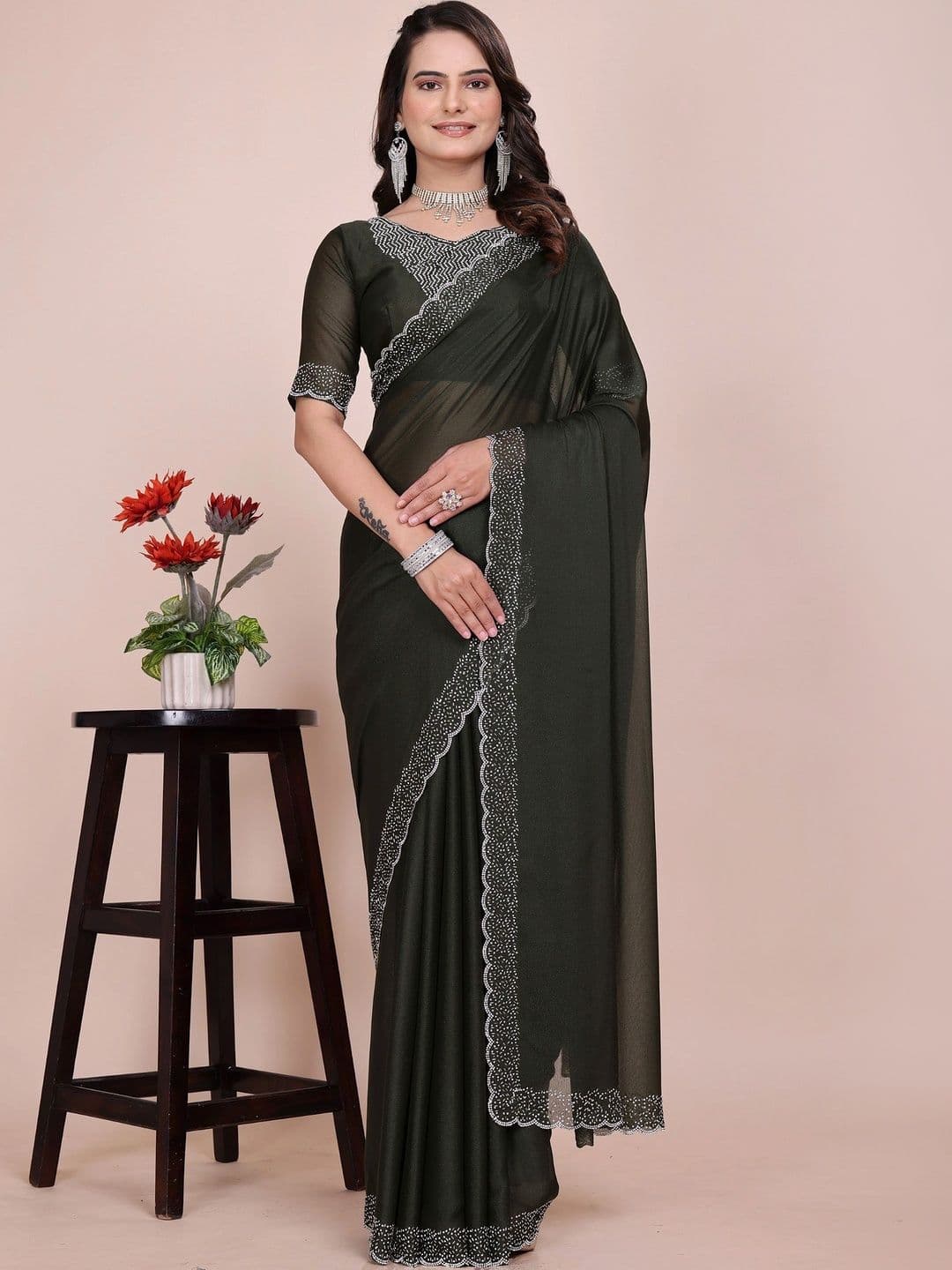 LeeliPeeri Designer Embellished Beads and Stones Poly Georgette Designer Saree - view 1
