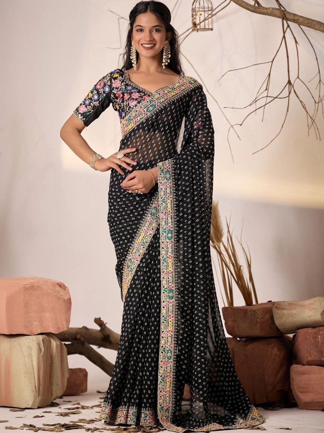 Sangria Bandhani Pure Georgette Heavy Work Leheriya Saree - view 1