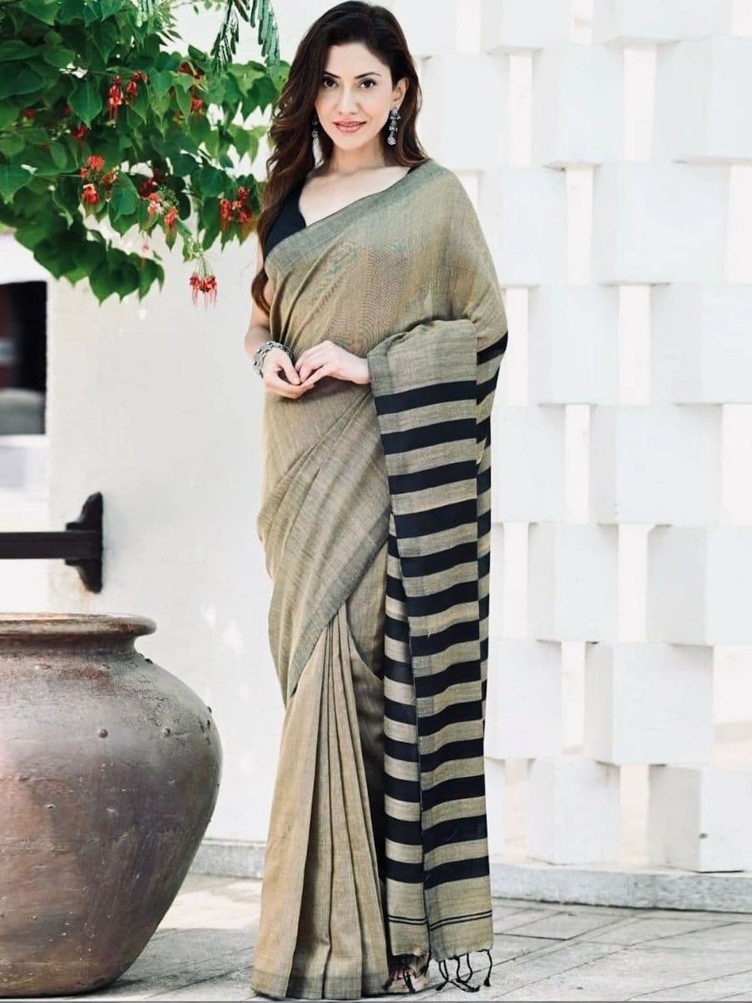 JIVUBA Striped Zari Designer Chanderi Saree - view 1