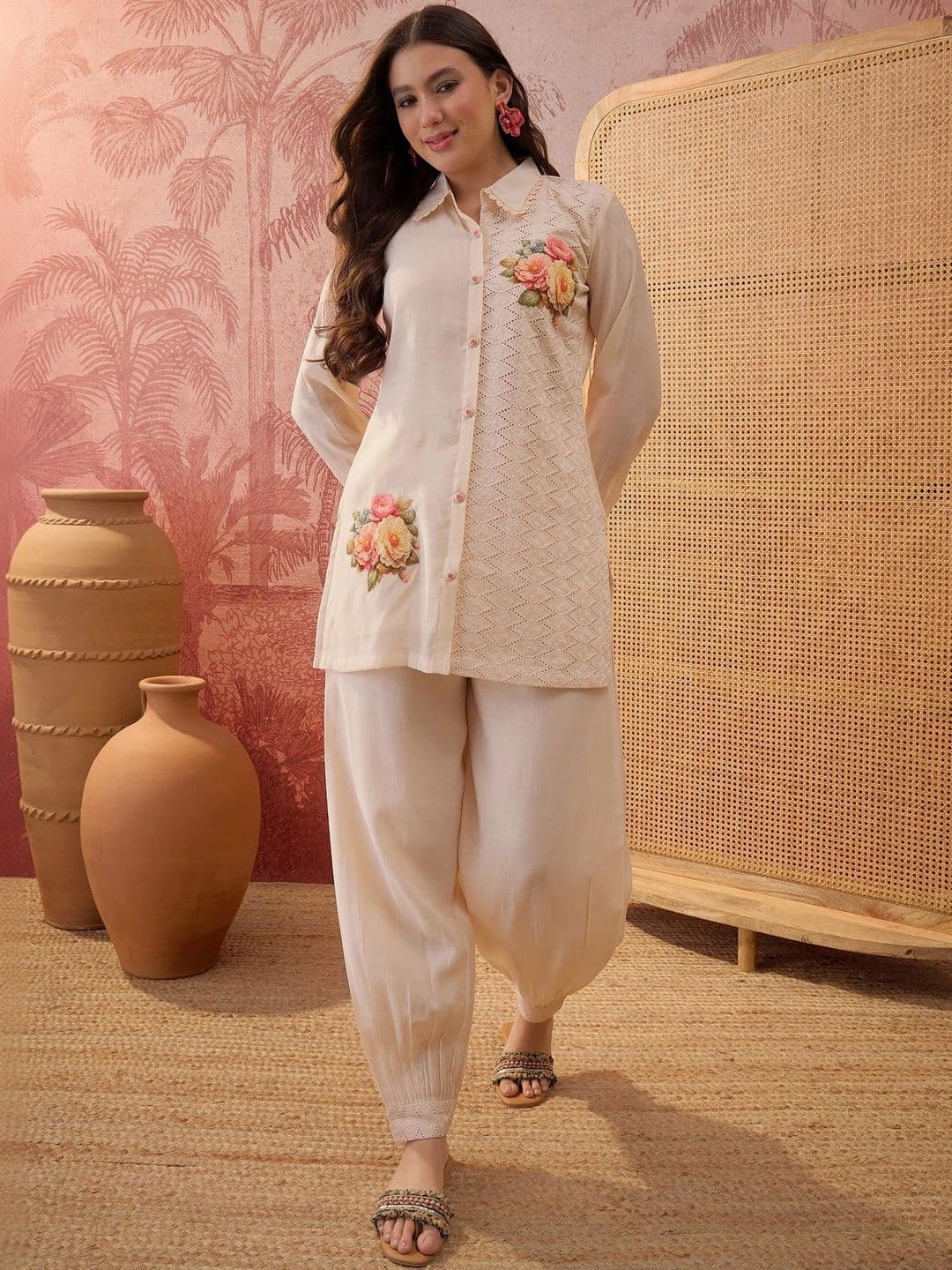 Sangria Floral Chanderi Embroidered Shirt with Trousers - view 1