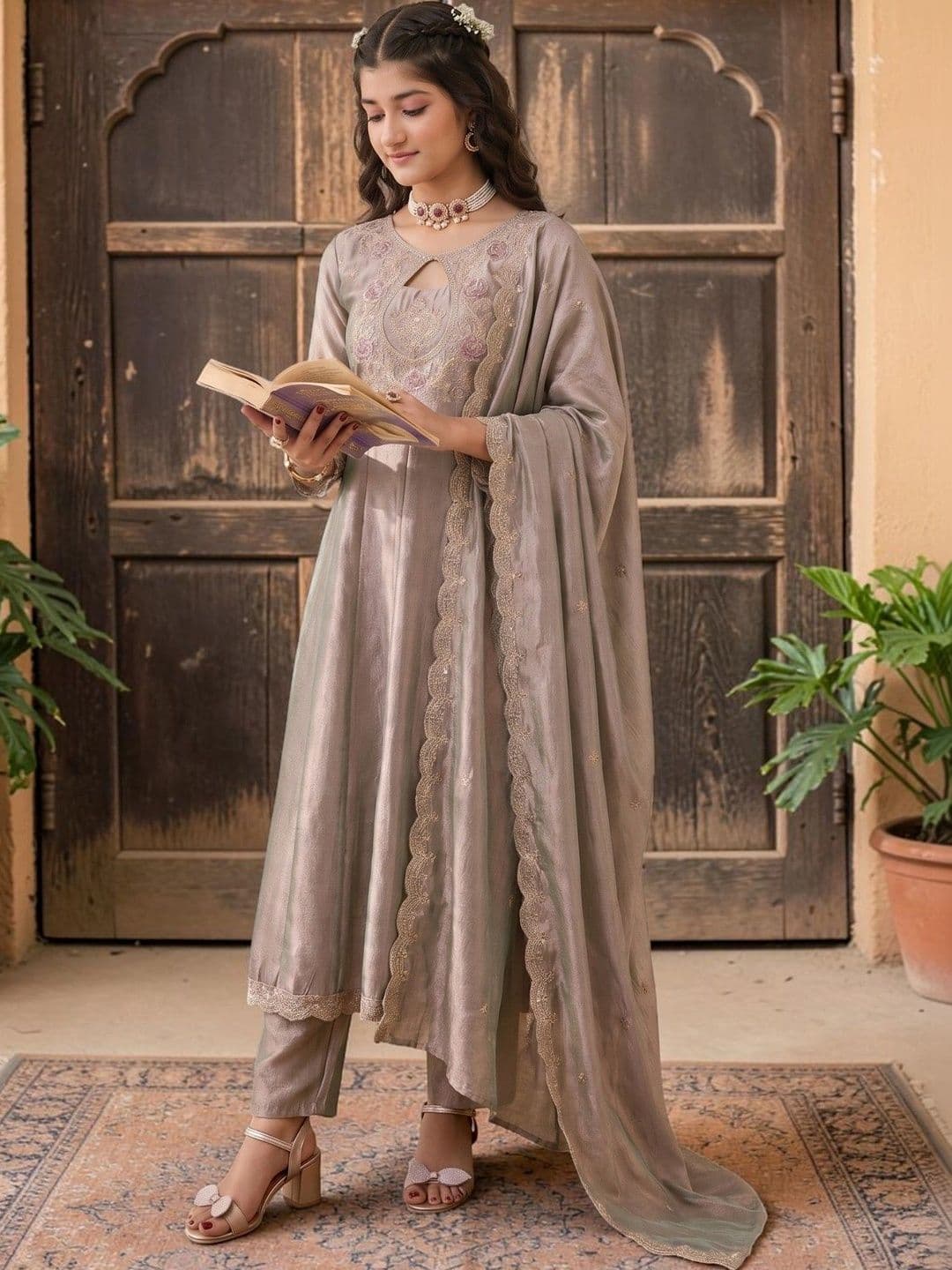 KALINI Women Ethnic Motifs Embroidered Regular Thread Work Kurta with Trousers & Dupatta - view 1
