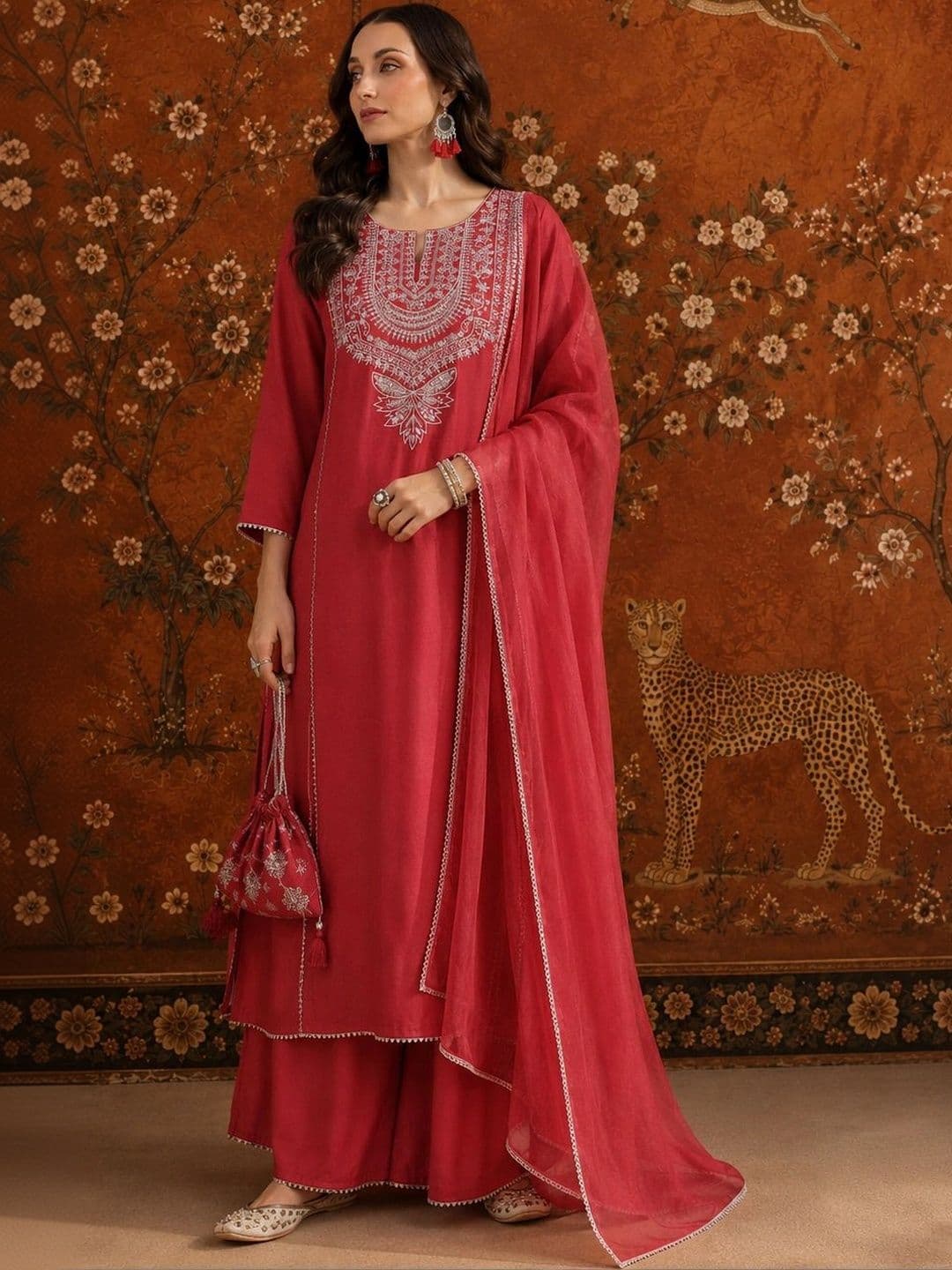 Sangria Women Ethnic Motifs Regular Thread Work Kurta with Palazzos & With Dupatta - view 1