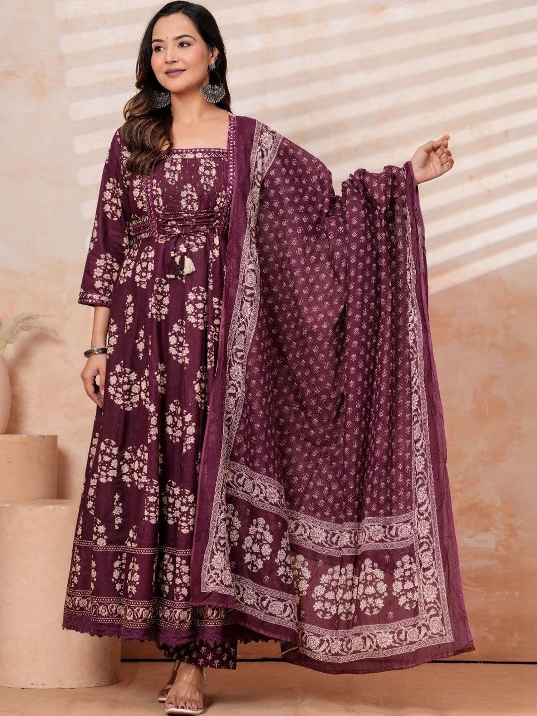KALINI Women Floral Printed Empire Mirror Work Pure Cotton Kurta with Trousers & With Dupatta - view 1
