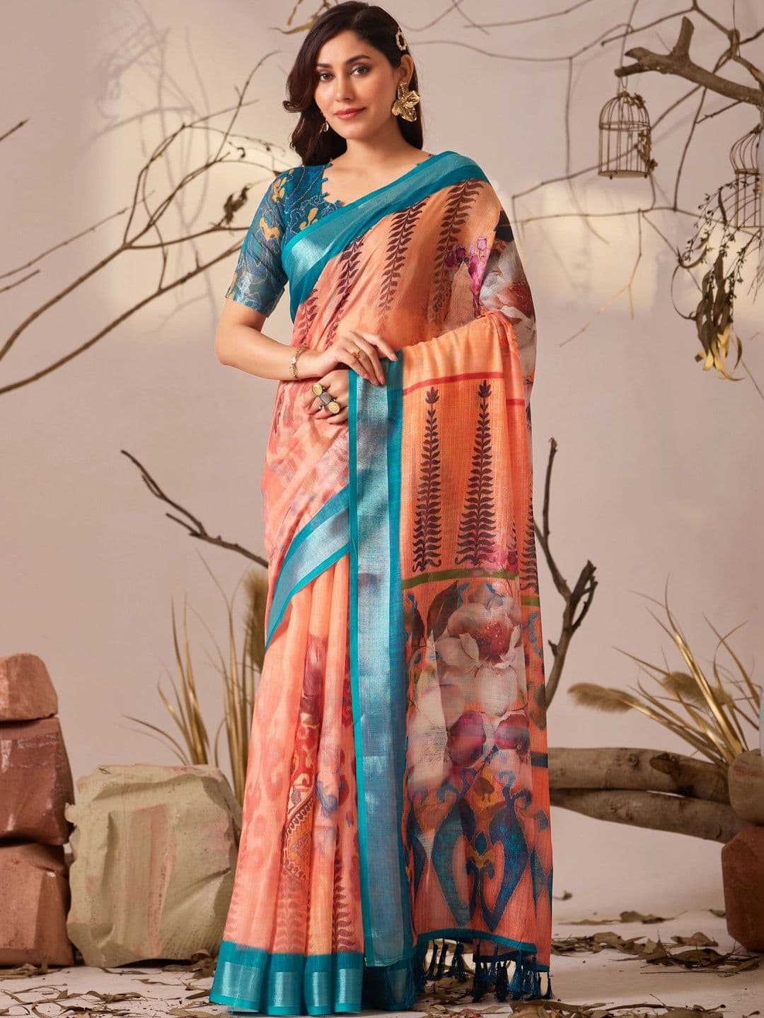 Panzora Floral Linen Blend Designer Patola Saree - view 1