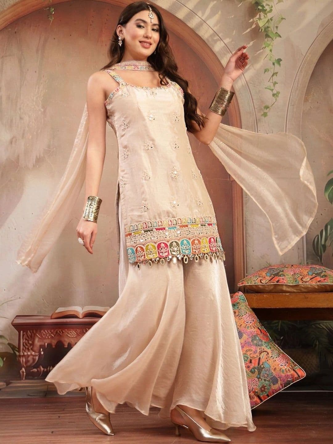 HERE&NOW Women Ethnic Motifs Embroidered Regular Thread Work Kurta with Sharara & With Dupatta - view 1