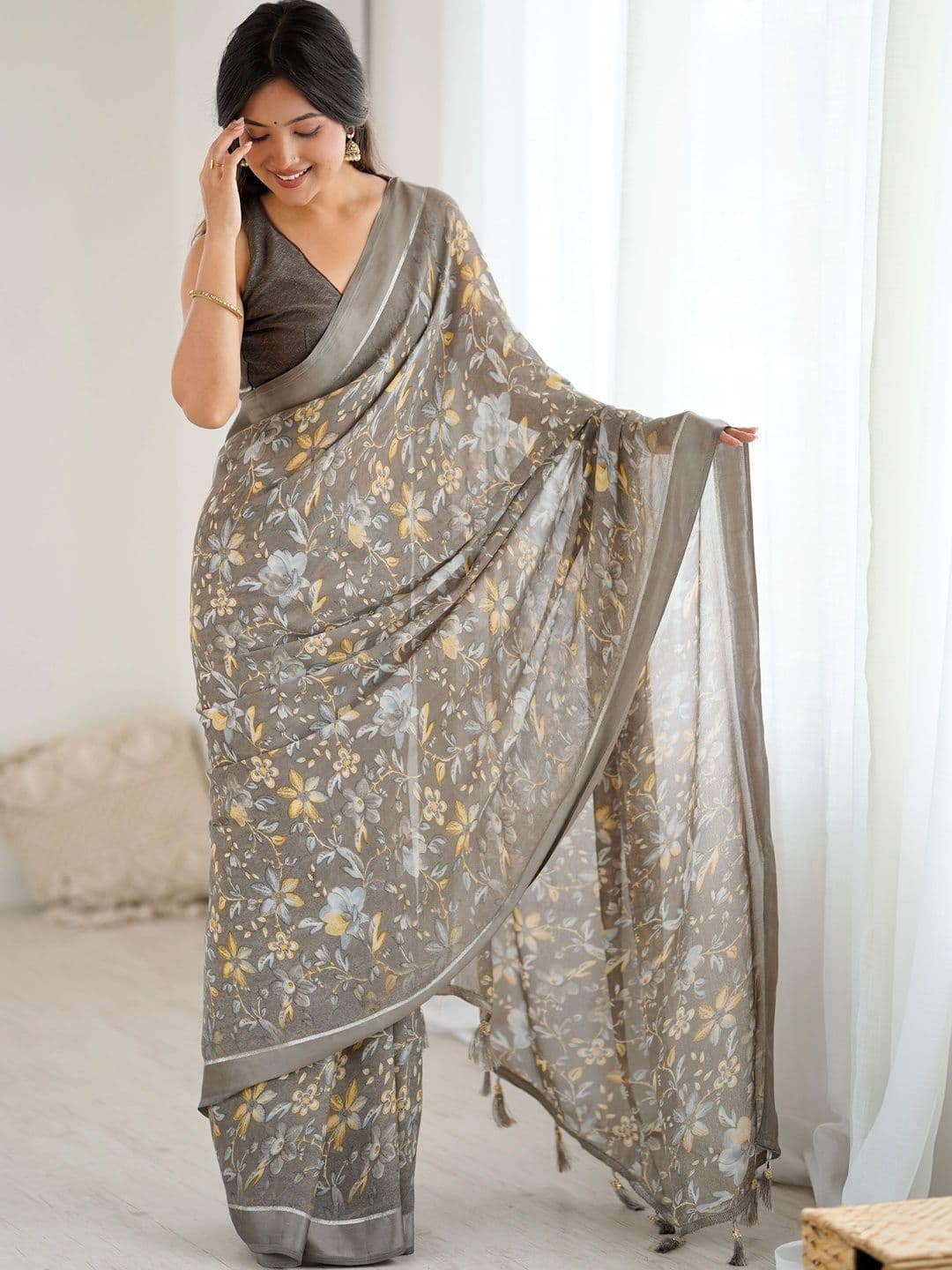 Meet Trendz Floral Satin Saree - view 1