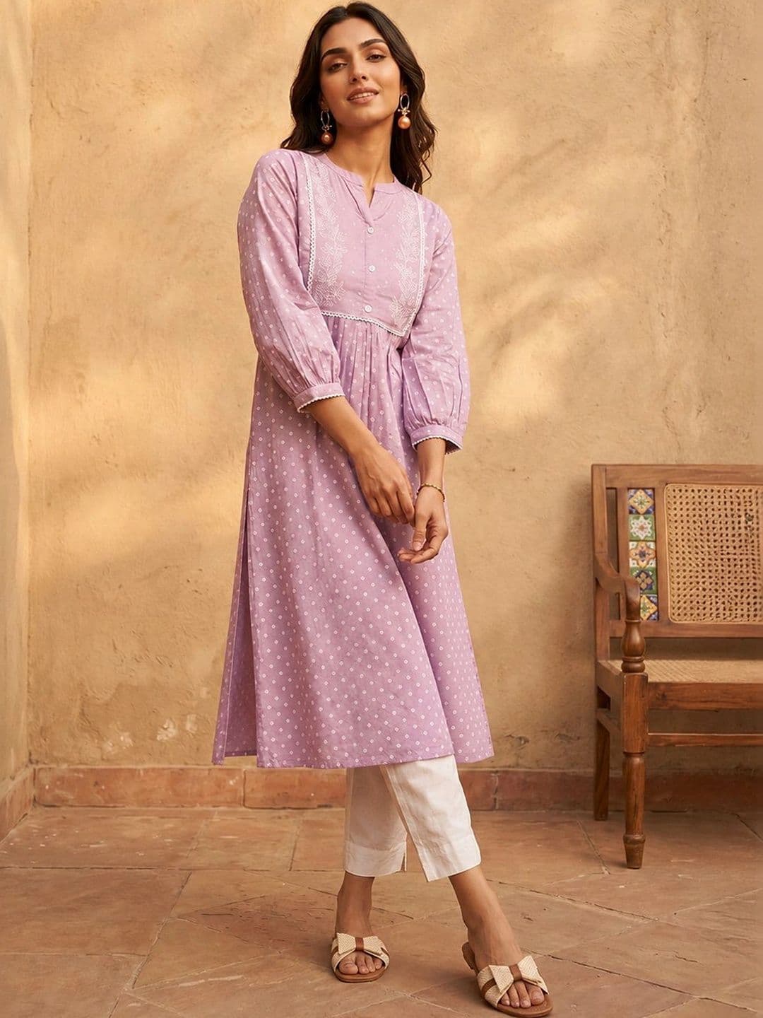 Janasya Printed Lavender Embellished Mandarin Collar Thread Work Cotton A-Line Kurta - view 1