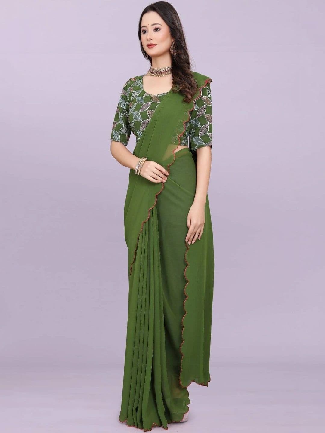 TAGALE Embroidered Poly Georgette Chanderi Saree - view 1