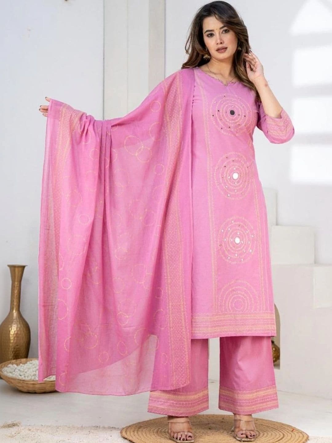 KALINI Women Ethnic Motifs Embroidered Regular Mirror Work Pure Cotton Kurta with Palazzos & With Dupatta - view 1