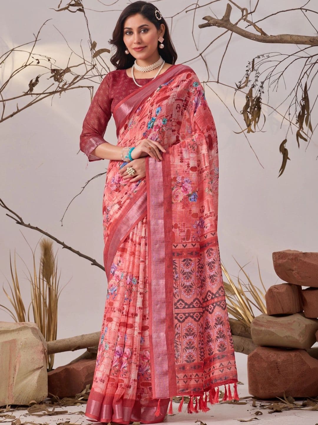 Panzora Floral Linen Blend Designer Saree - view 1