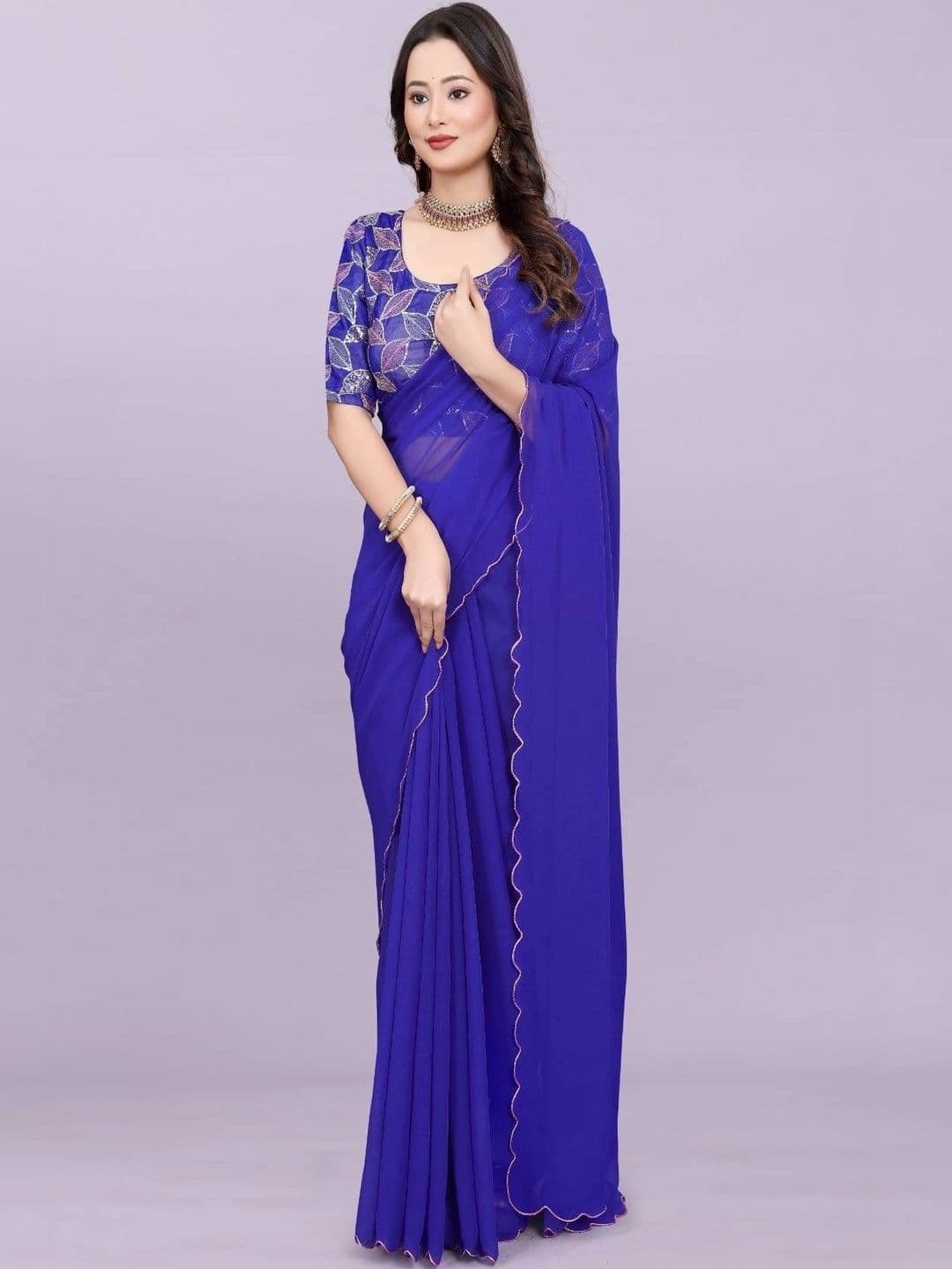 TAGALE Embroidered Poly Georgette Chanderi Saree - view 1